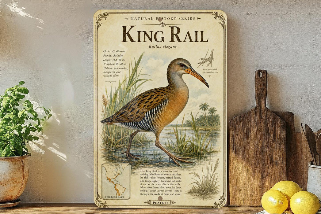 A wooden shelf displaying a framed illustration of a King Rail bird, surrounded by kitchen utensils and a potted plant.