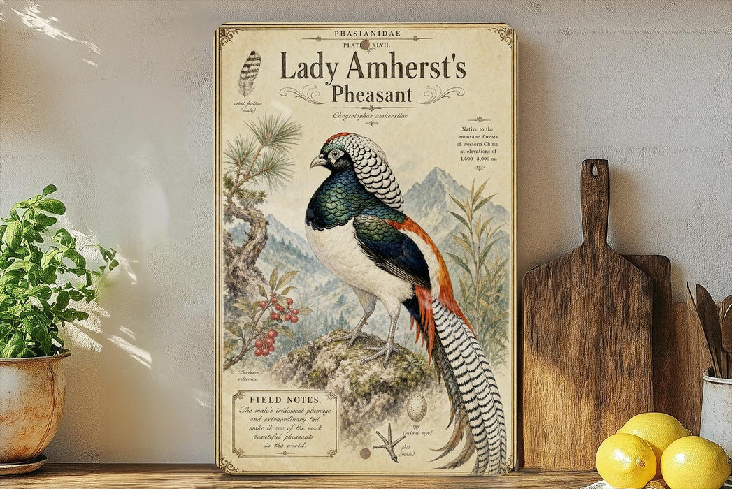 a poster of Lady Amherst's Pheasant, a colorful bird with a long tail, perched on a rock. The poster includes illustrations and text that describe the bird's appearance, habitat, and behavior.