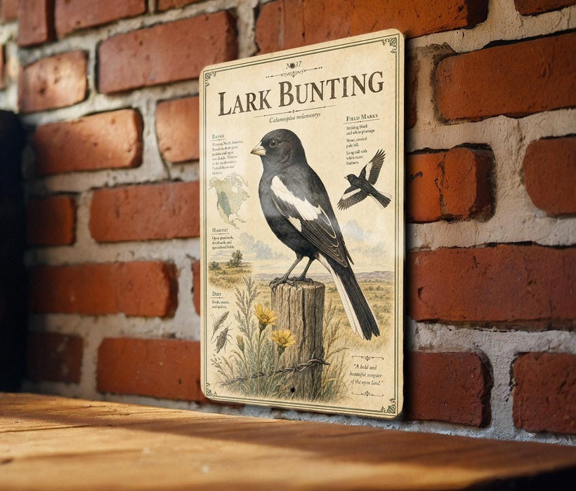 A vintage-style metal sign with an illustration of a black and white bird, likely a lark bunting, perched on a wooden post against a brick wall.