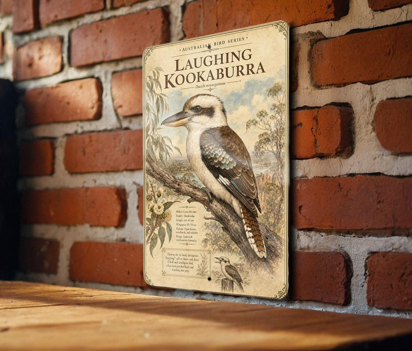 a vintage-style metal sign with a picture of a laughing kookaburra, a type of bird, mounted on a brick wall.