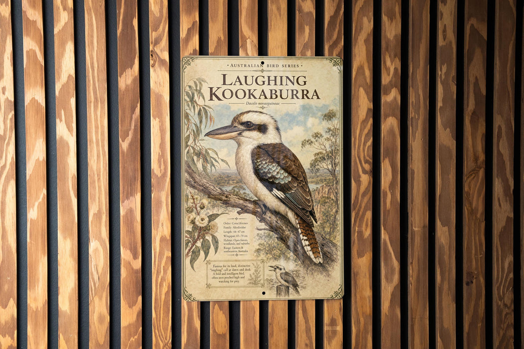 a sign with a picture of a kookaburra, a large flightless bird native to Australia.
