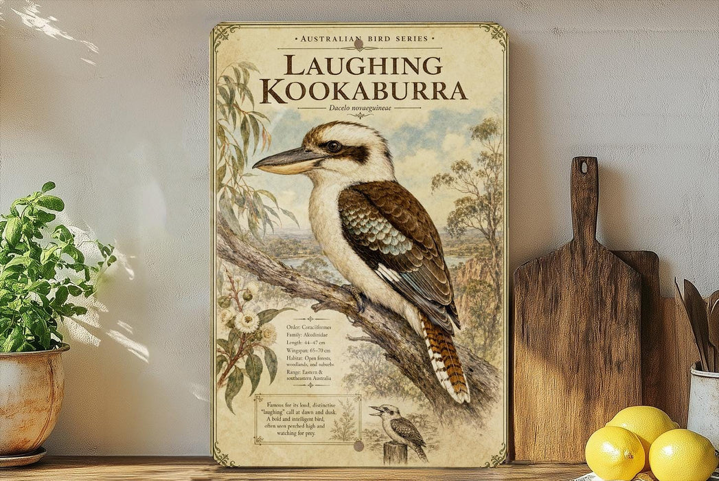 a framed illustration of a laughing kookaburra, a bird native to Australia, perched on a branch. The kookaburra is depicted in a detailed and realistic manner, showcasing its distinctive features such as its large beak, brown and white plumage, and black legs. The frame is placed on a wooden shelf, and there are some potted plants and kitchen utensils visible in the background.