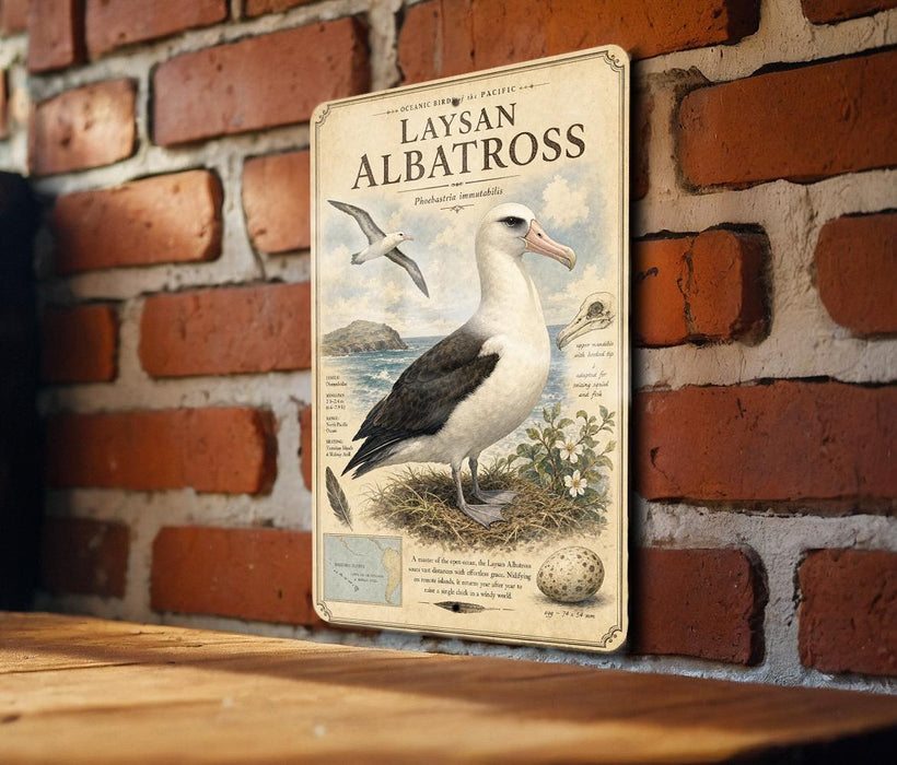 a vintage-style metal plaque with an illustration of a laysan albatross, a large seabird, perched on a nest. The plaque is mounted on a brick wall, and there is a wooden table below it.