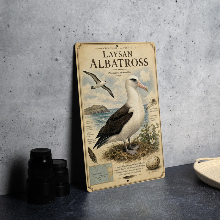 a vintage-style metal plaque with an illustration of a bird, specifically a laysan albatross, standing on a nest. The plaque is placed on a table next to some black camera lenses and a white bowl.