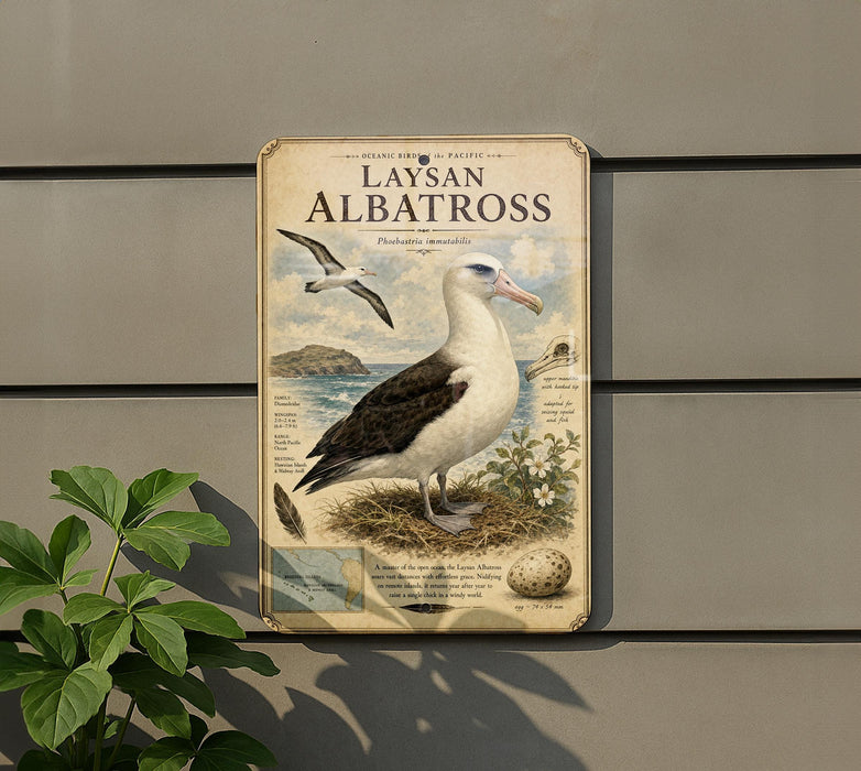 a sign with a detailed illustration of a laysan albatross, a large seabird, standing on a nest. The sign is mounted on a wall and is surrounded by greenery, including a plant.