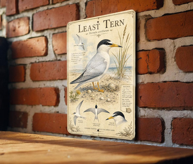 a metal sign with illustrations and text about the least tern, a bird species.