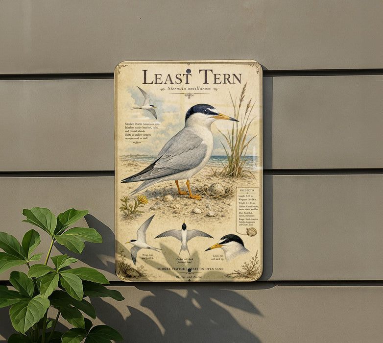a sign with a detailed illustration of a tern, a small seabird, standing on the ground with its wings spread. The sign is mounted on a wall, and there is a plant to the left of the sign.