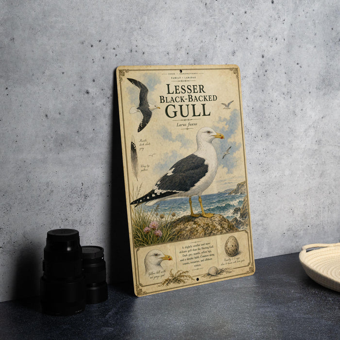 a metal sign with an illustration of a black-and-white gull standing on a rock near the ocean.