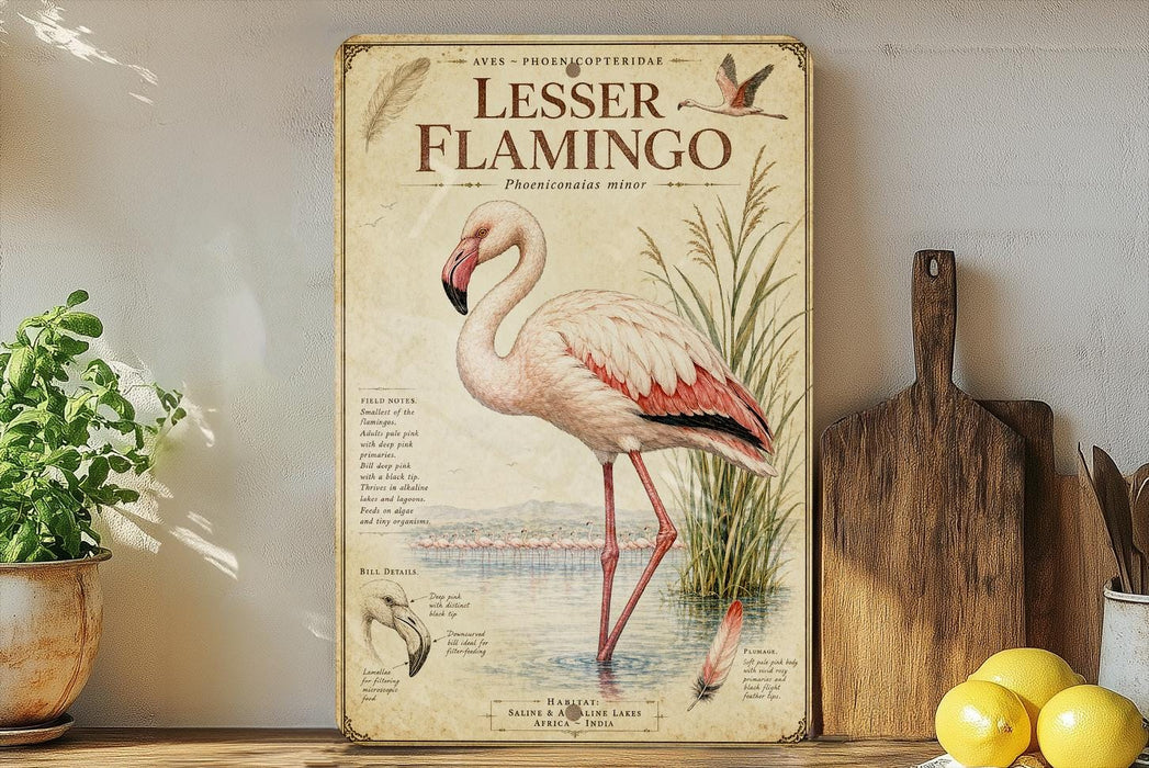a vintage-style illustration of a pink flamingo standing in shallow water, surrounded by a lush green plant and a wooden cutting board.