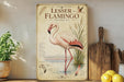 a vintage-style illustration of a pink flamingo standing in shallow water, surrounded by a lush green plant and a wooden cutting board.