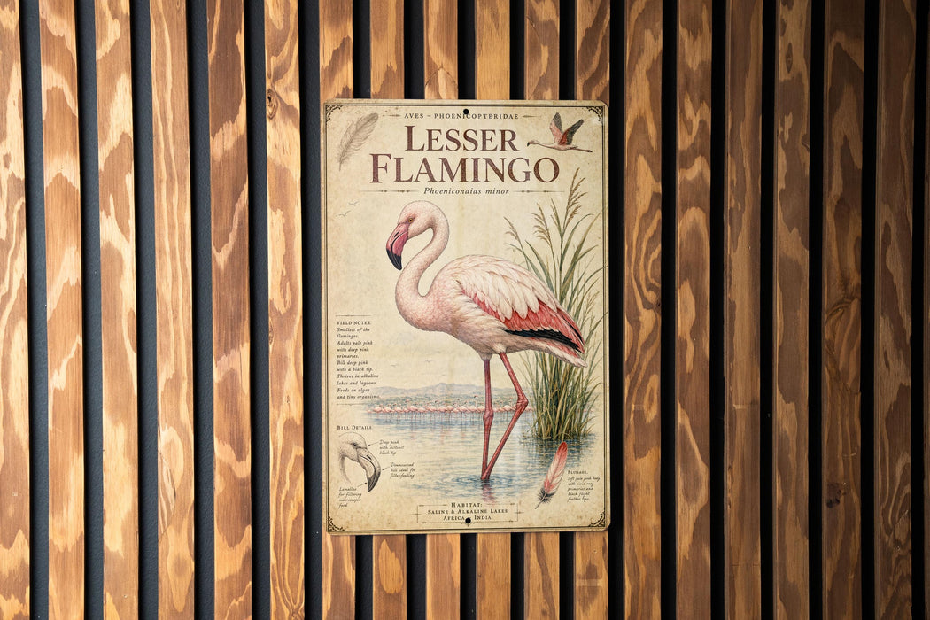 A vintage-style metal sign featuring an illustration of a pink flamingo standing in shallow water, with a wooden fence in the background.