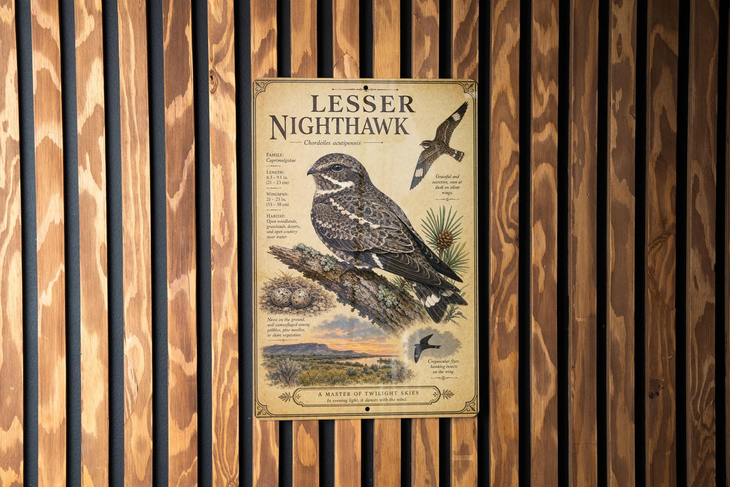 A poster of a Lesser Nighthawk, a bird species, is displayed on a wooden wall.