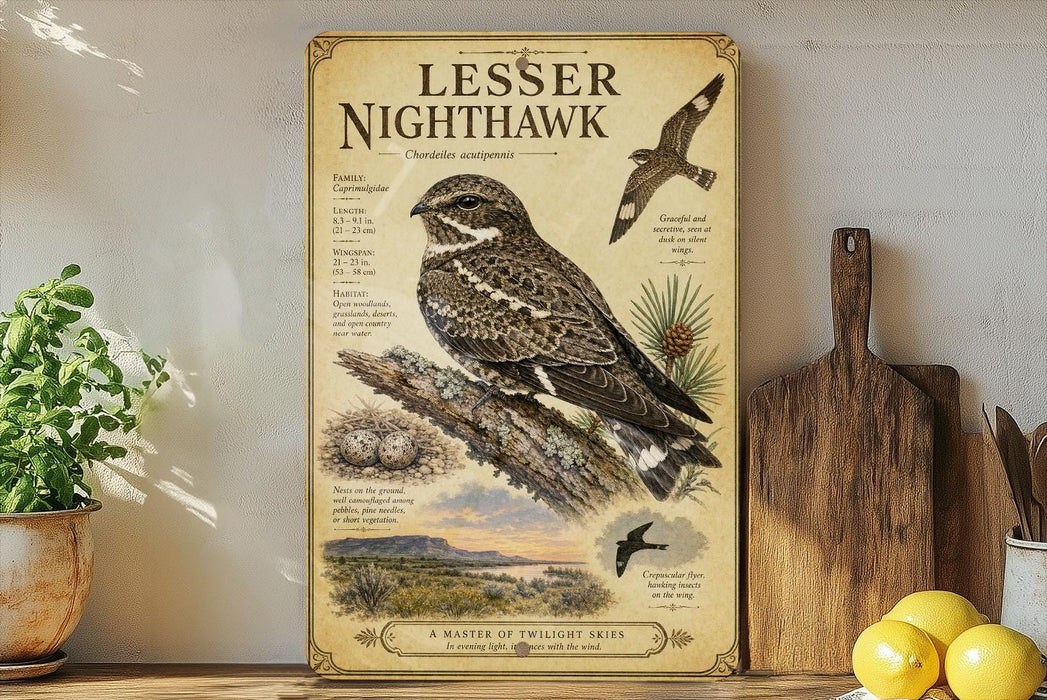a poster or illustration of a Lesser Night Hawk, a bird of prey, perched on a branch. The poster includes detailed illustrations and text providing information about the species, such as its habitat, diet, and behavior. The poster is displayed on a shelf next to a wooden cutting board and a potted plant, creating a homely and nature-inspired setting.