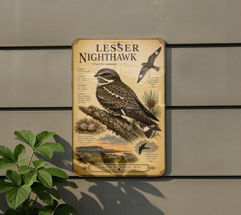 a metal sign with an illustration of a bird, specifically a Lesser Night Hawk, perched on a branch.