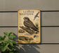 a metal sign with an illustration of a bird, specifically a Lesser Night Hawk, perched on a branch.