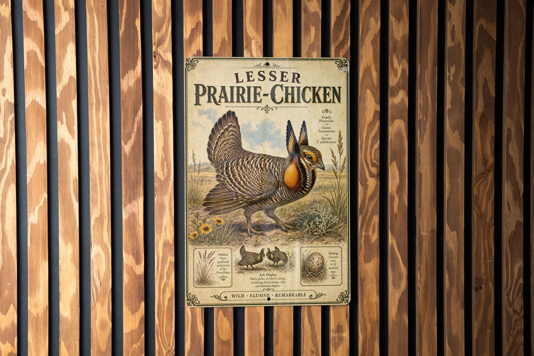 A vintage-style poster of a prairie chicken is displayed on a wooden wall.