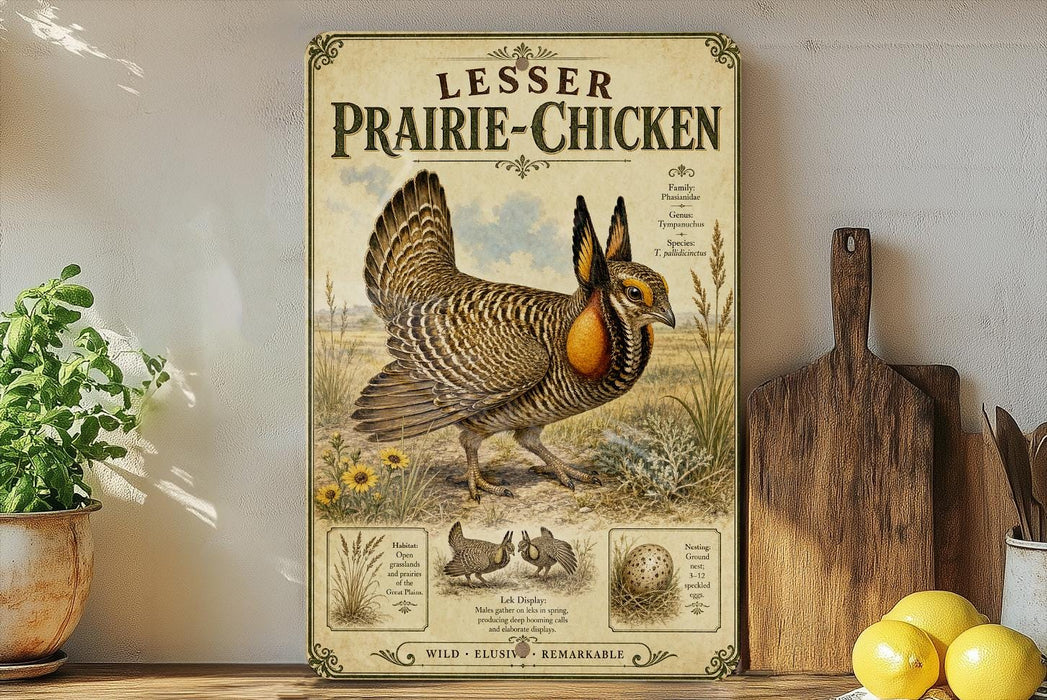 a vintage-style poster of a prairie chicken, which is a type of bird native to the grasslands of North America. The poster is displayed on a wall, surrounded by various kitchen items such as a cutting board, a knife, a bowl, and a potted plant.