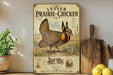 a vintage-style poster of a prairie chicken, which is a type of bird native to the grasslands of North America. The poster is displayed on a wall, surrounded by various kitchen items such as a cutting board, a knife, a bowl, and a potted plant.