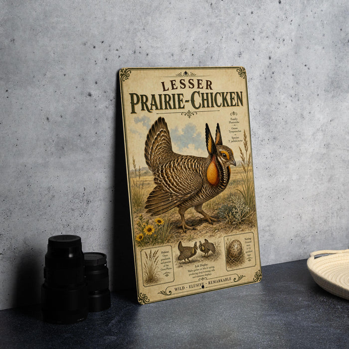 A vintage-style illustration of a prairie chicken on a metal sign, with text and illustrations related to the bird.