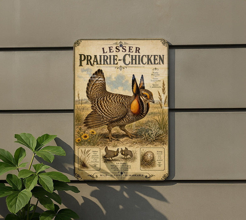 A vintage-style metal sign featuring an illustration of a prairie chicken, with text and decorative elements.