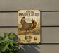 A vintage-style metal sign featuring an illustration of a prairie chicken, with text and decorative elements.