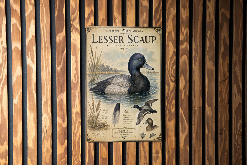A vintage-style poster of Lesser Scaup, a type of waterfowl, is displayed on a wooden wall.