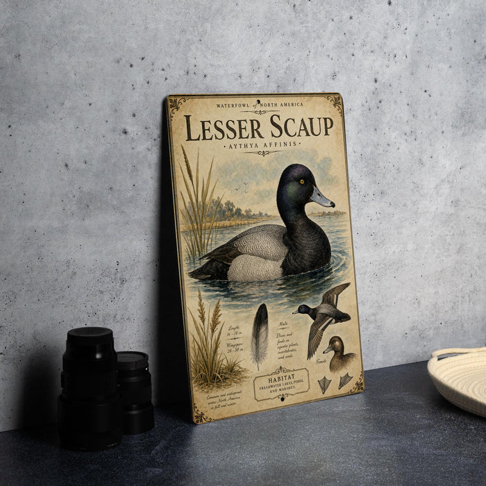 A vintage-style illustration of a Lesser Scaup, a type of waterfowl, with detailed illustrations of the bird in its natural habitat.