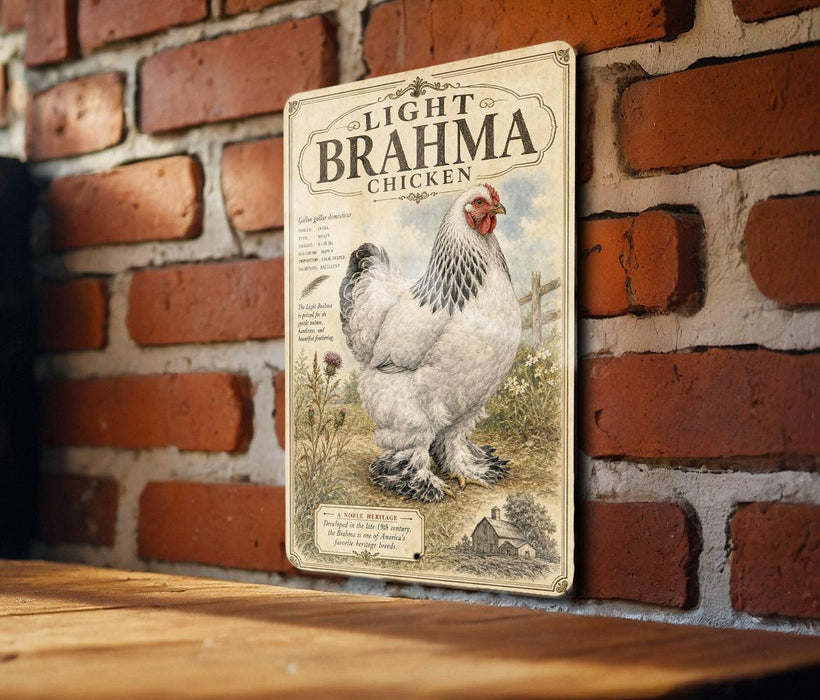 a vintage-style metal sign with a large illustration of a white chicken, mounted on a brick wall.