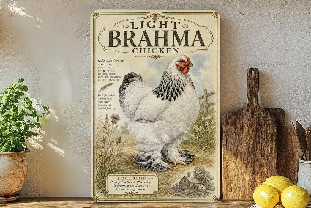 a vintage-style poster of a white and black Brahma chicken, which is a breed of chicken known for its distinctive appearance and gentle temperament. The poster is displayed on a wooden shelf, surrounded by various kitchen items such as a cutting board, a knife, and a bowl.