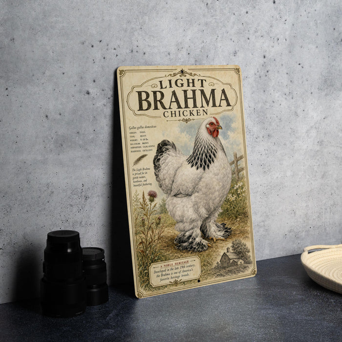 a vintage-style metal sign with a large illustration of a white and black chicken, placed on a table next to some black camera lenses.