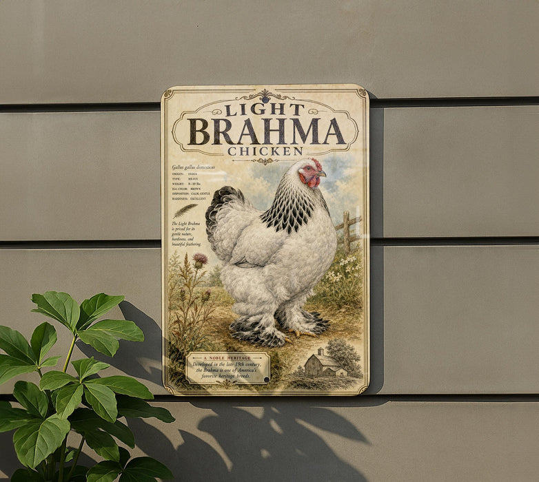 a metal sign with a picture of a white chicken, mounted on a wall.