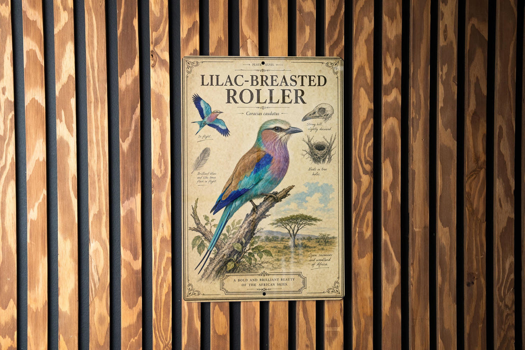 A poster of a colorful bird, specifically a lilac-breasted roller, is displayed on a wooden wall.