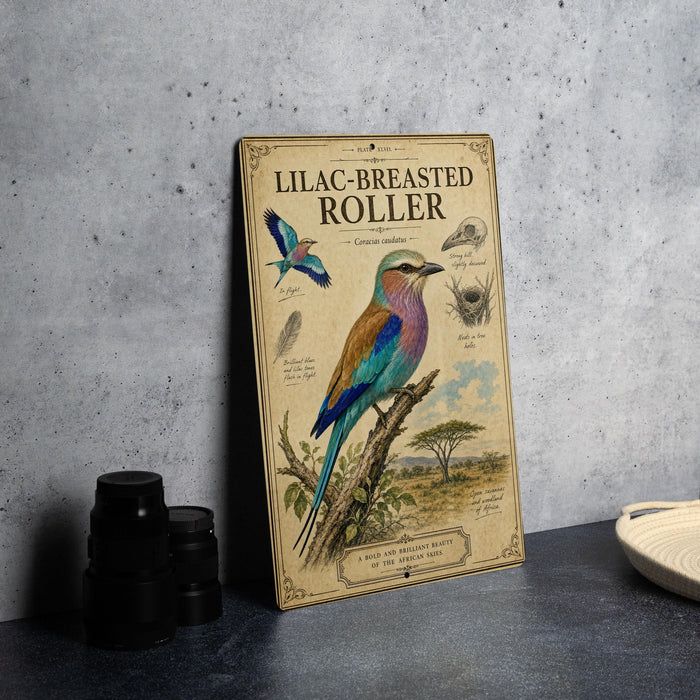 a book cover for "Lilac-breasted Roller" with illustrations of the bird and its natural habitat.