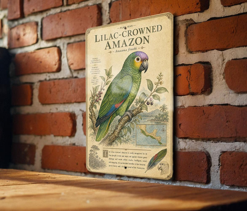 A vintage-style metal sign with an illustration of a colorful parrot, mounted on a brick wall.