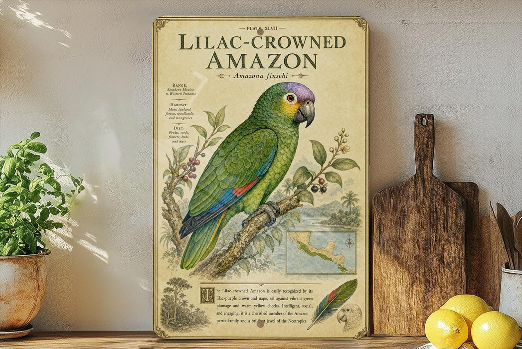 a vintage-style poster of a green and yellow parrot, specifically a Lilac-Crowned Amazon, perched on a branch. The poster is displayed on a shelf next to a wooden cutting board and a potted plant.