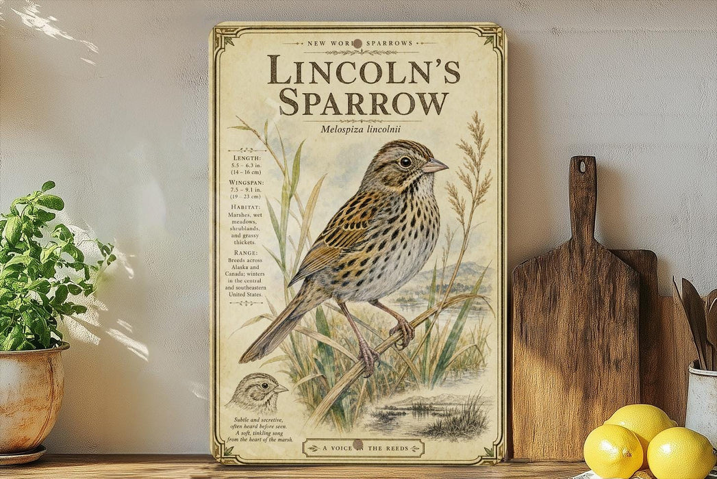a vintage-style illustration of a Lincoln's Sparrow, a small songbird, perched on a branch surrounded by grass and plants. The illustration is framed and displayed on a shelf, with a wooden cutting board and a potted plant nearby.