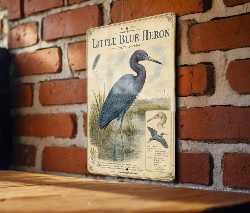 a vintage-style illustration of a blue heron, mounted on a brick wall.