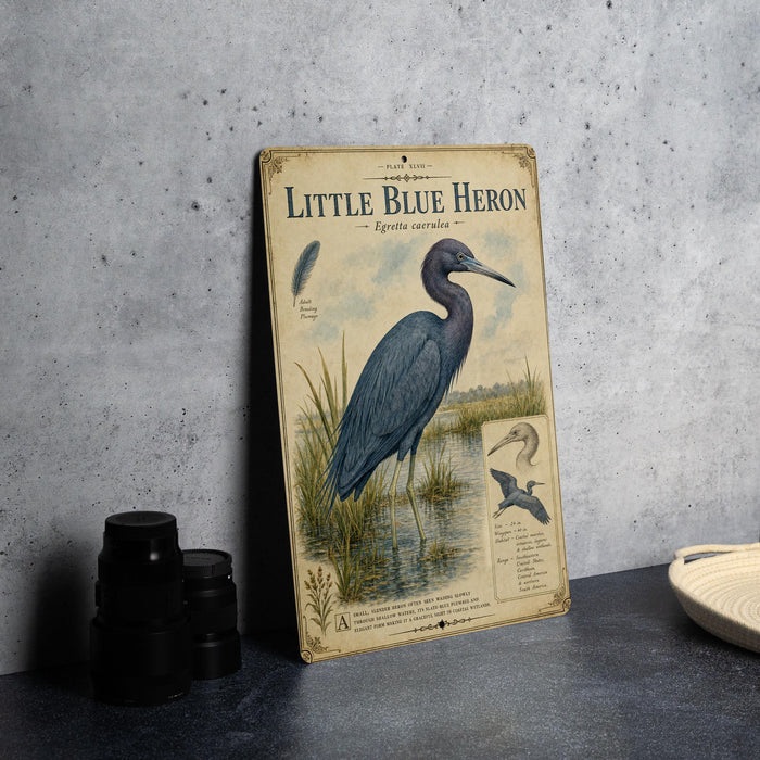 a vintage-style metal sign with illustrations and text, depicting a blue heron standing in a pond.