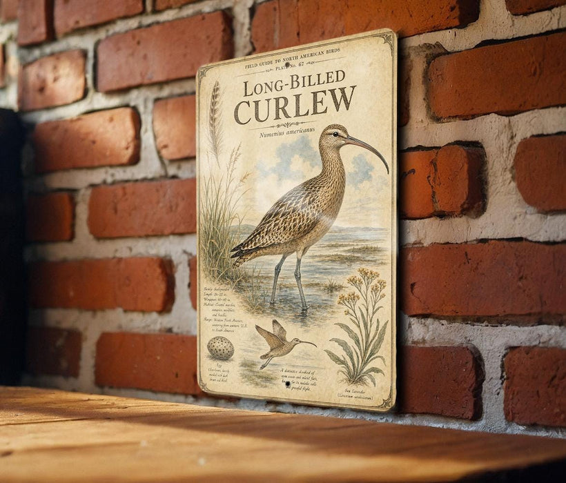 a vintage-style metal sign with a bird illustration, mounted on a brick wall.