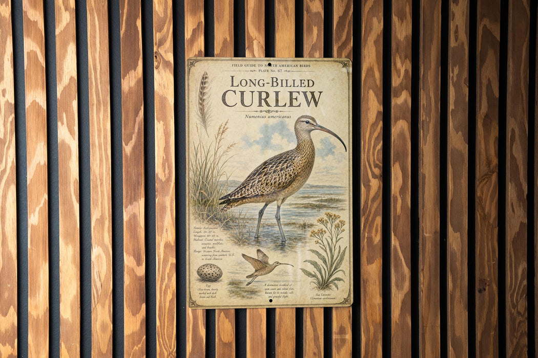 a metal sign with an illustration of a long-billed curlew bird, surrounded by various bird-related elements such as plants and a birdhouse.