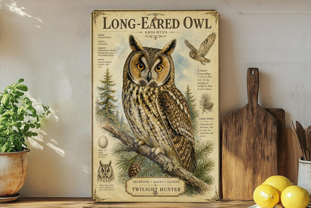 a framed illustration of a long-eared owl, a type of owl, with various text and illustrations related to the owl's characteristics and habitat.