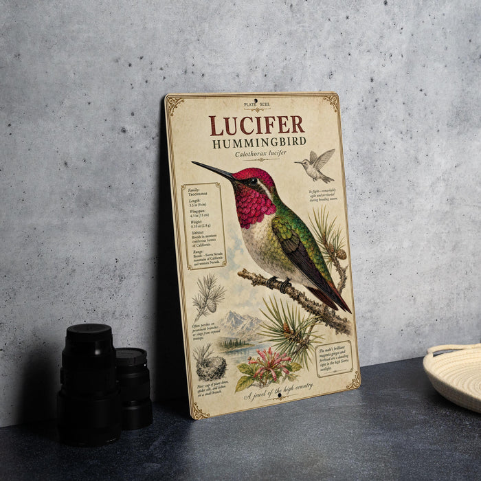 A vintage-style informational poster about the Lucifer Hummingbird, featuring a detailed illustration of the bird and various text elements providing information about the species.