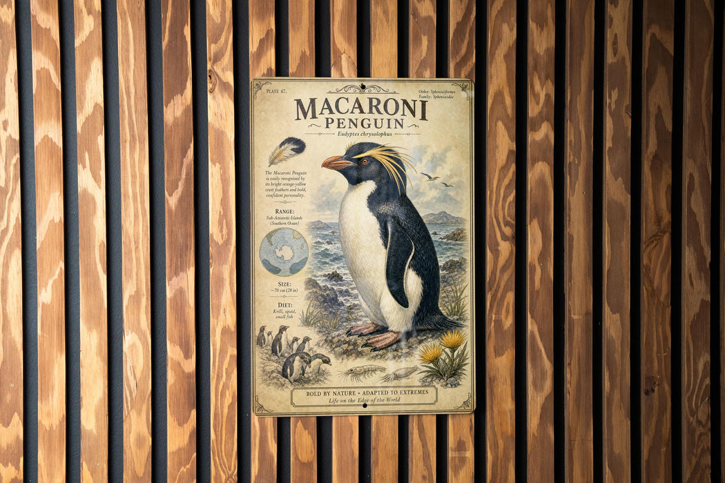 a vintage-style poster of a macaroni penguin, with a detailed illustration of the penguin and its natural habitat.