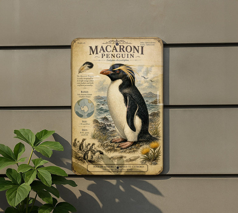 a vintage-style metal plaque depicting a macaroni penguin, with a plant in the foreground.