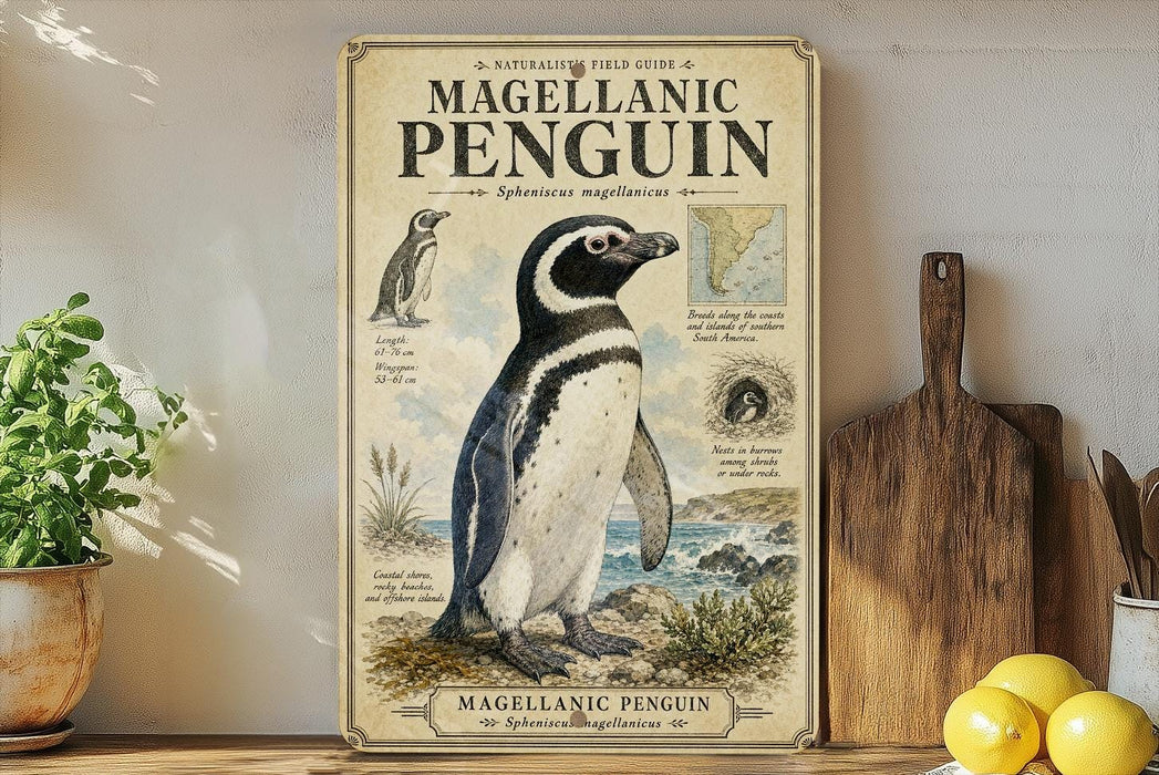 a framed illustration of a Magellanic penguin on a shelf, surrounded by various kitchen utensils and a potted plant.