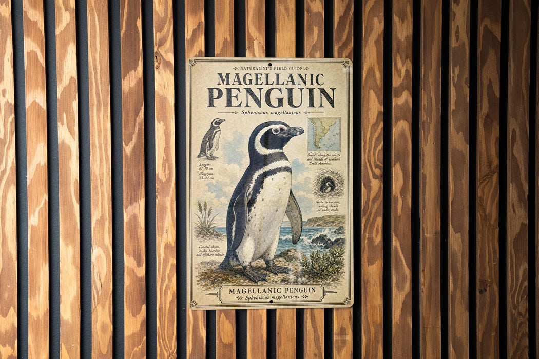 a vintage-style poster of a Magellanic penguin, mounted on a wooden wall.