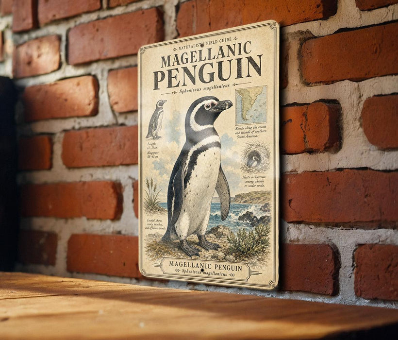 A vintage-style poster of a Magellanic penguin is displayed on a brick wall, featuring illustrations and text about the species.