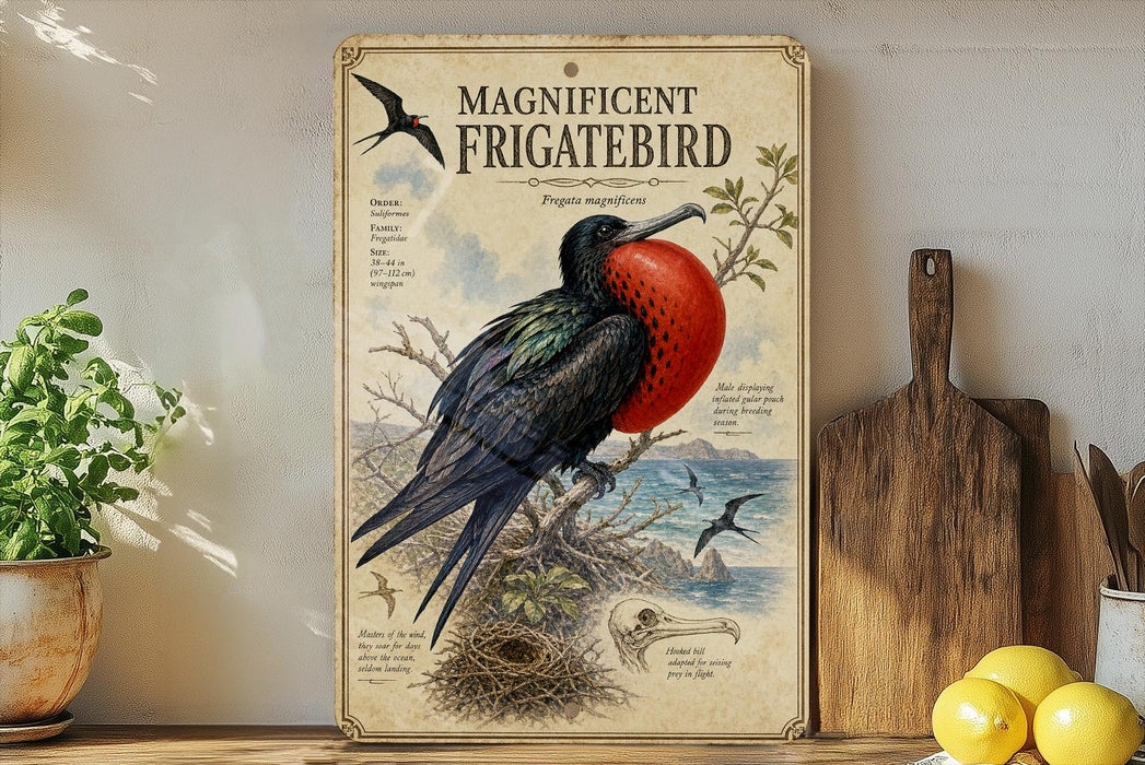 a vintage-style illustration of a magnificently frigatebird perched on a branch, with a detailed illustration of the bird's plumage, beak, and wings. The illustration also includes a bird's nest and a skull, adding to the overall visual appeal of the artwork. The artwork is displayed on a shelf, surrounded by various kitchen utensils and a potted plant, creating a unique and interesting juxtaposition of nature and domestic life.