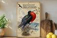 a vintage-style illustration of a magnificently frigatebird perched on a branch, with a detailed illustration of the bird's plumage, beak, and wings. The illustration also includes a bird's nest and a skull, adding to the overall visual appeal of the artwork. The artwork is displayed on a shelf, surrounded by various kitchen utensils and a potted plant, creating a unique and interesting juxtaposition of nature and domestic life.