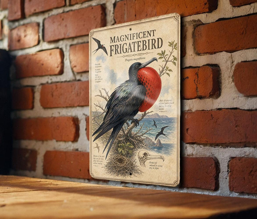 a vintage-style metal sign with an illustration of a frigatebird perched on a branch, surrounded by various bird species.